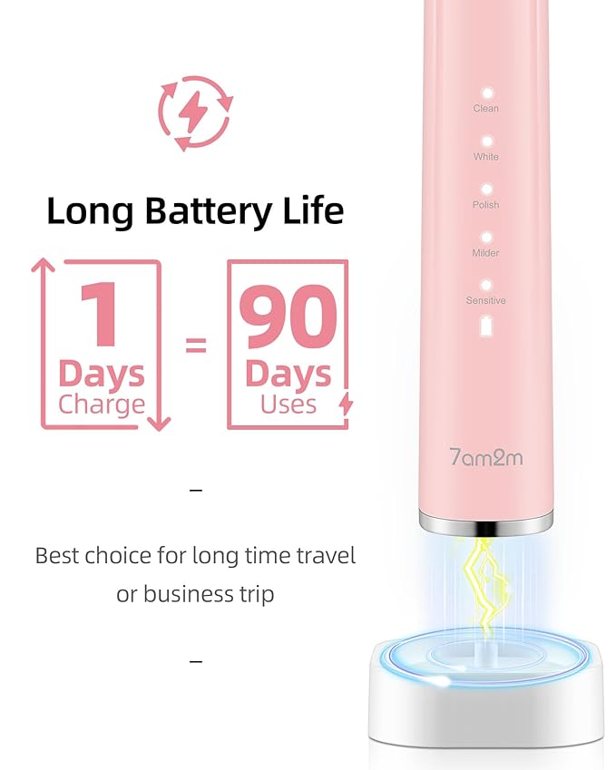 7AM2M Ultrasonic Electric Toothbrush with 6 Brush Heads for Adults&Kids, One Charge for 90 Days, Wireless Fast Charge, 5 Modes 40000VPM Powered Toothbrush, 2 Minutes Built in Smart Timer-Rose Pink
