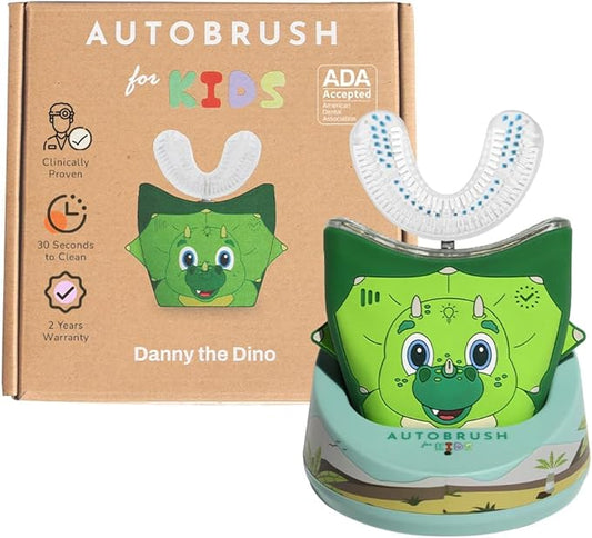 autobrush Kids U Shaped Electric Toothbrush, ADA Accepted, Sonic Pro with Unique 360° Nylon Bristles 3 Cleaning Modes,Whitening LED-Lights,Plays Music (Double-Sided),Ages 9-12, Dinosaur