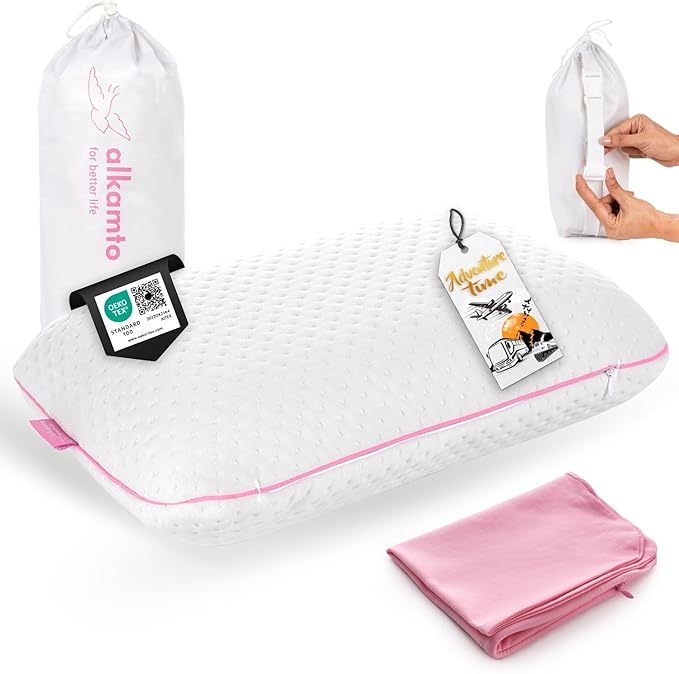 alkamto Travel & Camping Comfortable Memory Foam Pillow – Easy to Carry Portable Bag – Temperature Regulating Pillow Case (Pink + Extra Cover)