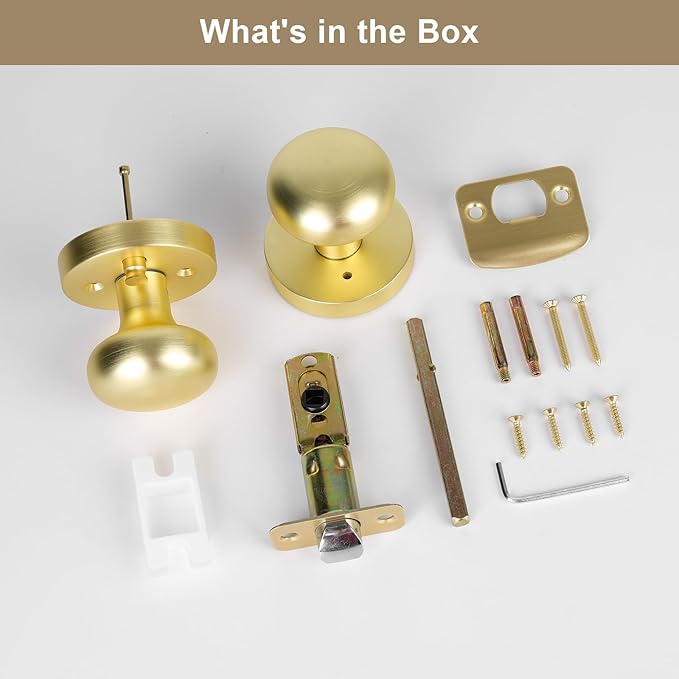 Gold/Brass Door Knob, Privacy Door Knobs Interior with Push-Button, Vintage Door Knob with Lock for Bedroom and Bathroom, 1 Pack