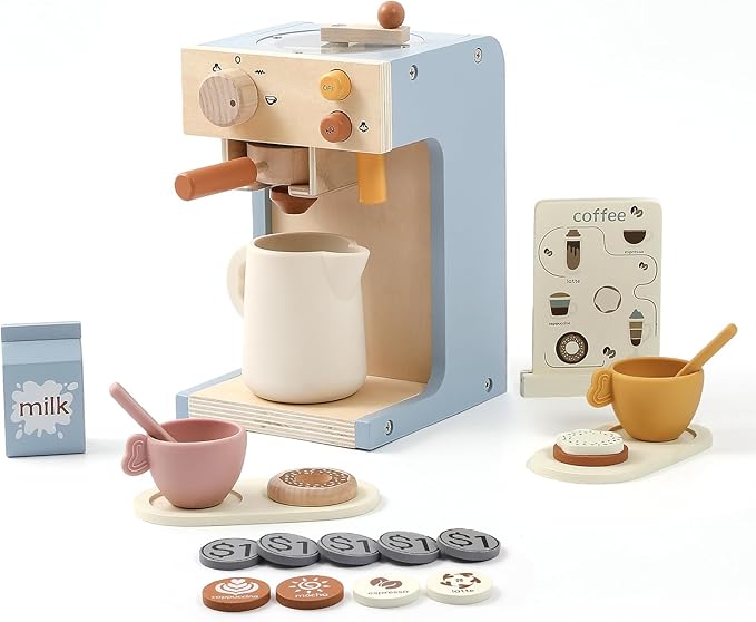Kids Coffee Maker Playset Wooden Kitchen Toys for Toddlers - 15PCS Toy Coffee Maker Play Kitchen Accessories for Girls & Boys Pretend Play Kids Coffee Maker Toys - Ideal Gift