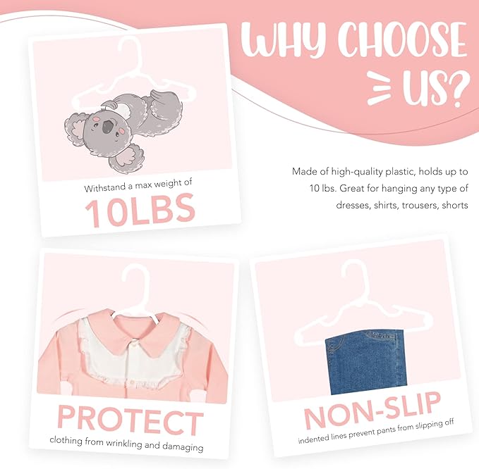 HOUSE DAY Plastic Baby Hangers for Closet 60 Pack, Durable Plastic Kids Hangers for Baby Clothes, Thin & Compact Childrens Hangers, Space Saving White Baby Hangers, Small Hangers for Kids Clothes