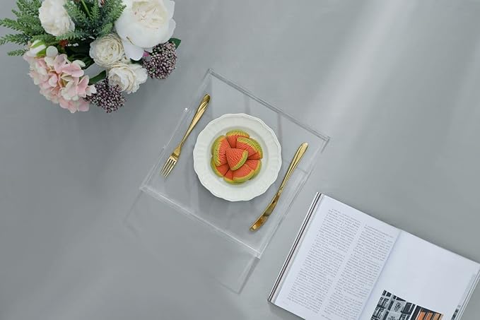BEYLANG Clear Sturdy Acrylic Serving Tray with Handles-12x12 Inch-Serving Coffee,Appetizer,Breakfast,Butler-Kitchen Countertop Makeup Drawer Organizer-Vanity Table,Ottoman Tray
