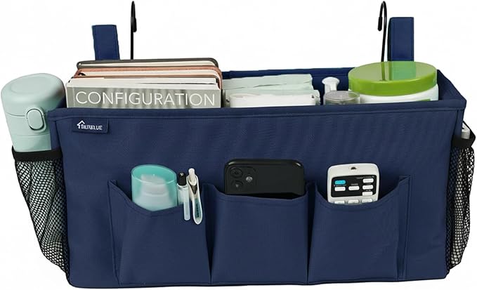 Surblue Bedside Organizer with Hook Bedside Caddy Hanging Storage Bag with Adjustable Straps and Water Bottle Holder for Home College Dorm Bunk Bed Accessories, Crib Bed Rails, Hospital Bed，Navy