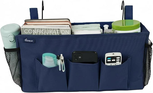 Surblue Bedside Organizer with Hook Bedside Caddy Hanging Storage Bag with Adjustable Straps and Water Bottle Holder for Home College Dorm Bunk Bed Accessories, Crib Bed Rails, Hospital Bed，Navy