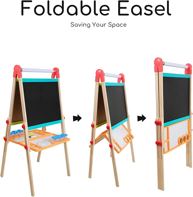 Kids Art Easel with Paper Roll, Art Easel Wooden Easel for Toddlers, Foldable Painting Easel for 2-12 Years Children, Height Adjustable Drawing Outdoor Easel