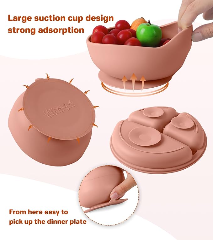ECLIP Silicone Baby Feeding Set, 10 Pcs Baby Led Weaning Supplies with Suction Bowl Divided Plate Adjustable Bib Soft Spoon Fork Snack Cup with Lid Drinking Cup, Utensil (Brick Red)