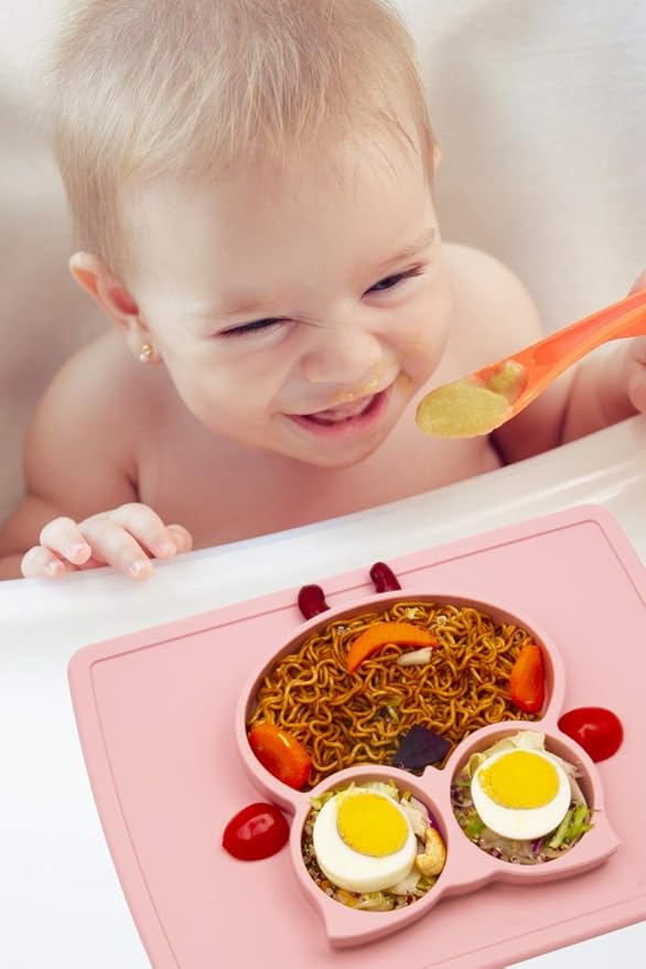 Qshare Toddler Plate, Portable Baby Plate for Toddlers and Kids, BPA-Free Strong Suction Plates for Toddlers, Dishwasher and Microwave Safe Silicone Placemat 11x8x1 inch