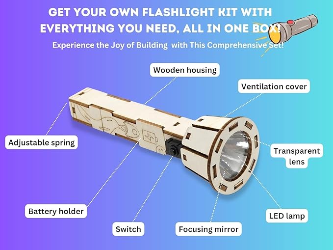 DIY Wooden Flashlight STEM Kit for Kids Aged 6-10 | Battery-Operated Educational Science Experiment Kit with Built-in Switch