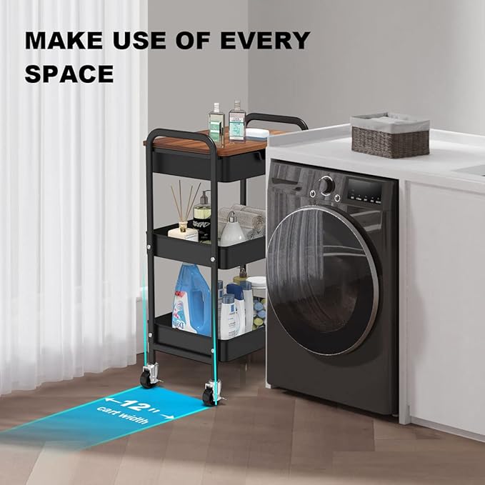 3 Tier Rolling Cart with Drawer, Metal Utility Cart on Wheels Storage Cart with Wood Top, Kitchen Cart Art Cart Organizer for Bathroom Office Balcony Living Room