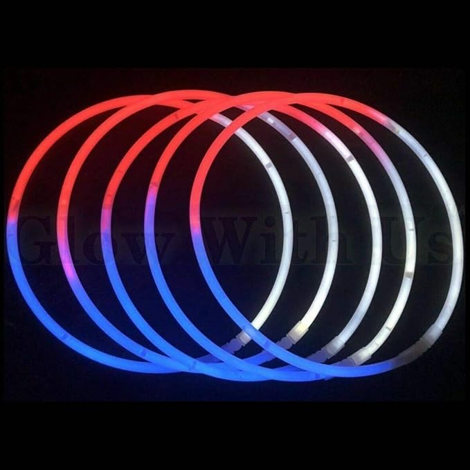 Glow Sticks Bulk Wholesale Necklaces, 100 22” Red-White-Blue Glow Stick Necklaces, Bright Colors, Glow 8-12 Hrs, Connector Pre-Attached, Sturdy Packaging, GlowWithUs Brand