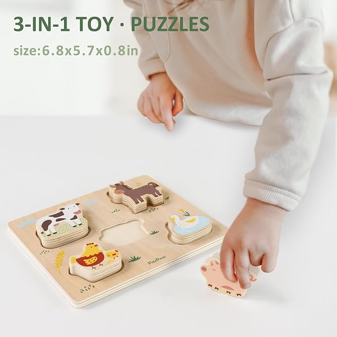PairPear Educational Toys Set 3 in 1 - Wooden Toys Shape Sorter Cubes - Activity Stacking Toys - Animal Todder Puzzles - Classic Learning Toys Gift for Baby 1 Year Old and Up.
