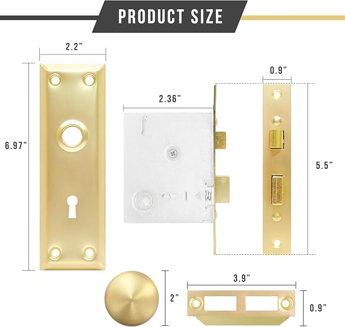 Vintage Door Knob with Lock for Interior Doors Polished Gold, Antique Brass 1 Pack Mortise Lock Set, Old Fashioned Bathroom & Bedroom with Skeleton Key for Old House Doors