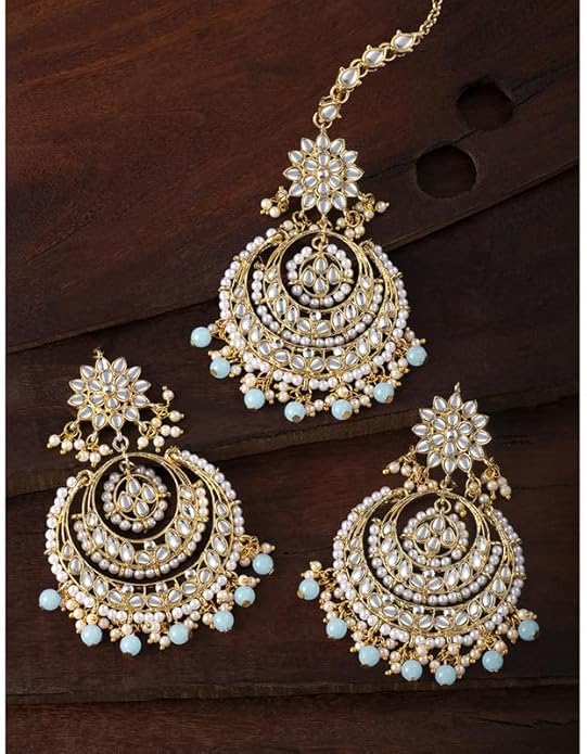 Aheli Bollywood Ethnic Chandbali Style Big Earrings Maang Tikka Set Traditional Fashion Jewelry Gift for Women
