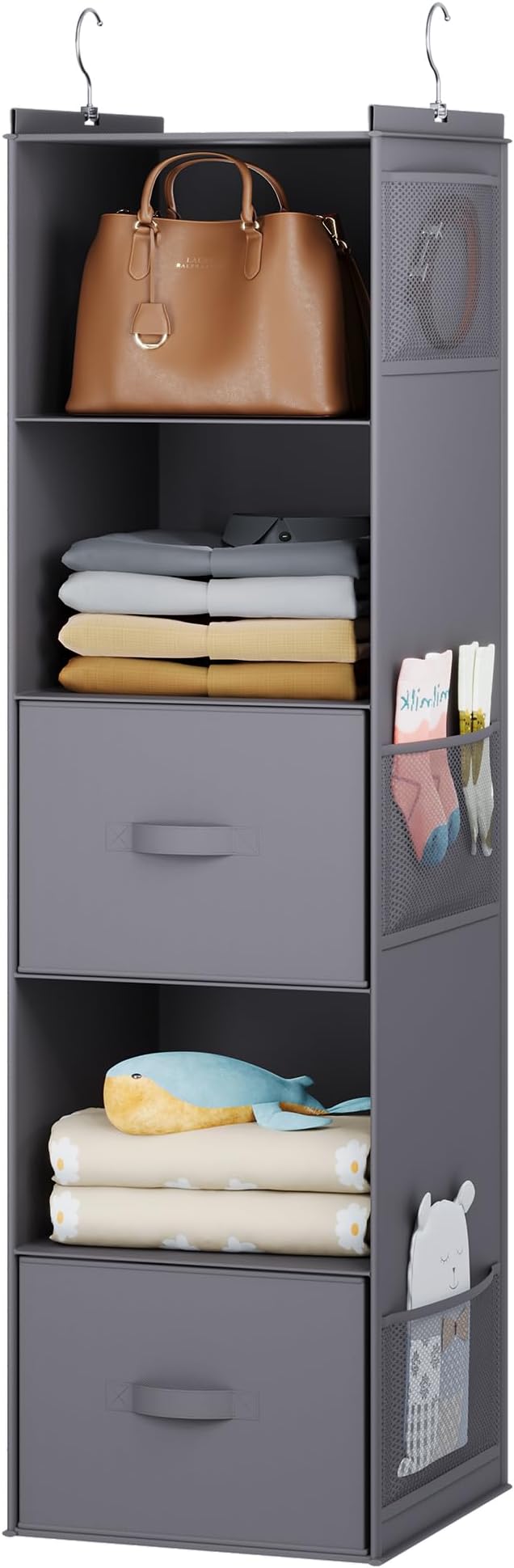 YOUDENOVA Hanging Closet Organizer, 5 Tier Hanging Closet Shelves with Drawers and 6 Side Pockets, Grey