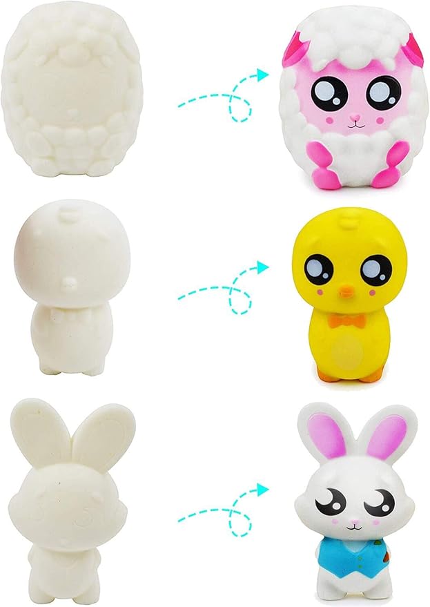 JOYIN 6 Pcs Easter Squishy Toy Coloring Craft Kit Easter DIY Paint Your Own Squishy Toy Kit Animal Character Including Paints and Brushes for Egg Hunt, Basket Stuffer, Party Favors