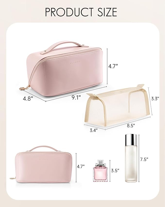 Vlando Makeup Bag,Large Capacity Toiletry Bag for Women Waterproof Portable Make up Pouch PU Leather Open Flat Cosmetic Bag(Peach Pink)