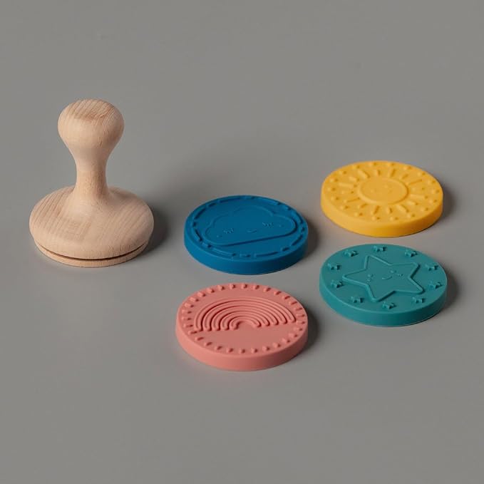 Happy Skies Rubber Stamp with Wood Handle, 4 Interchangeable Silicon Stamps of a Sun, Cloud, Star, and Rainbow, Fun Kids Craft Supplies and Art Supplies, Arts and Crafts for Kids 4-6 and Families