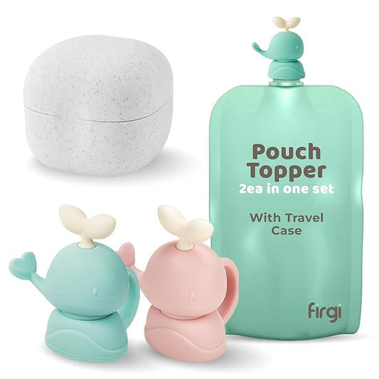 Whale SoftSip Food Pouch Topper | 2EA + Travel Case | Prevent Spills & Leakage | Protect Child Baby Toddler Mouth | Food Grade Silicone Reusable | Baby Led Weaning | BPA Free| Mint+Pink