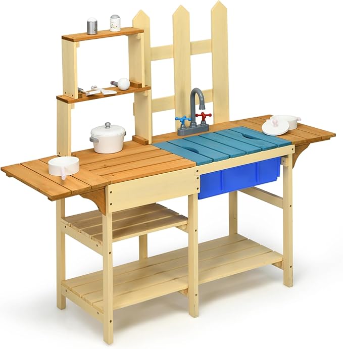 HONEY JOY Kids Mud Kitchen Playset, Indoor Outdoor Wooden Pretend Play Toy Kitchen with Removable Sink, Simulated Faucet, Mud Kitchen for Kids Outdoor, Gift for Boys Girls 3+