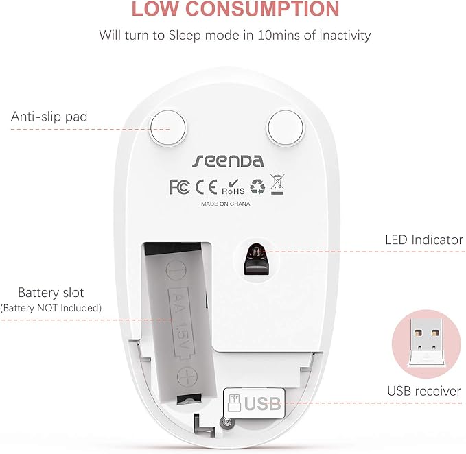 seenda Wireless Mouse, 2.4G Noiseless Mouse with USB Receiver Portable Computer Mice for PC, Tablet, Laptop, Notebook - Rose Gold&White