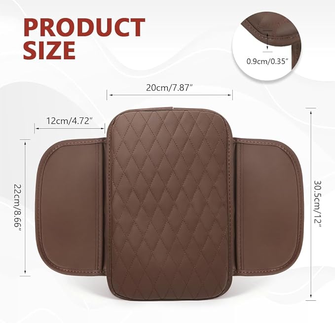 ongfuwu Car Center Console Cover, 12"×7.87" Waterproof Leather Auto Armrest Cover Protector with 2 Pocket, Comfortable Arm Rest Box Cushion Pad, Universal Interior Car Accessories (Coffee)