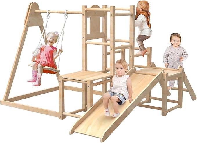 Indoor Playground, Jungle Gym, Wooden Montessori Climber Playset With Slide, Swing for Toddlers, Toddler Climbing Toys Indoor, Special Wooden Structure Indoor Playset, Baby Climbing Toys Indoor