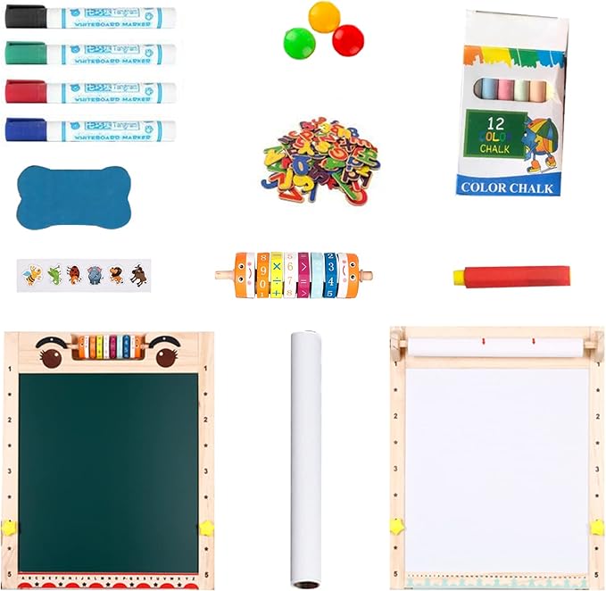 Kids Easel with Paper Roll Double-Sided Whiteboard & Chalkboard Standing Easel with Numbers and Other Accessories for Kids and Toddlers (with Abacus)