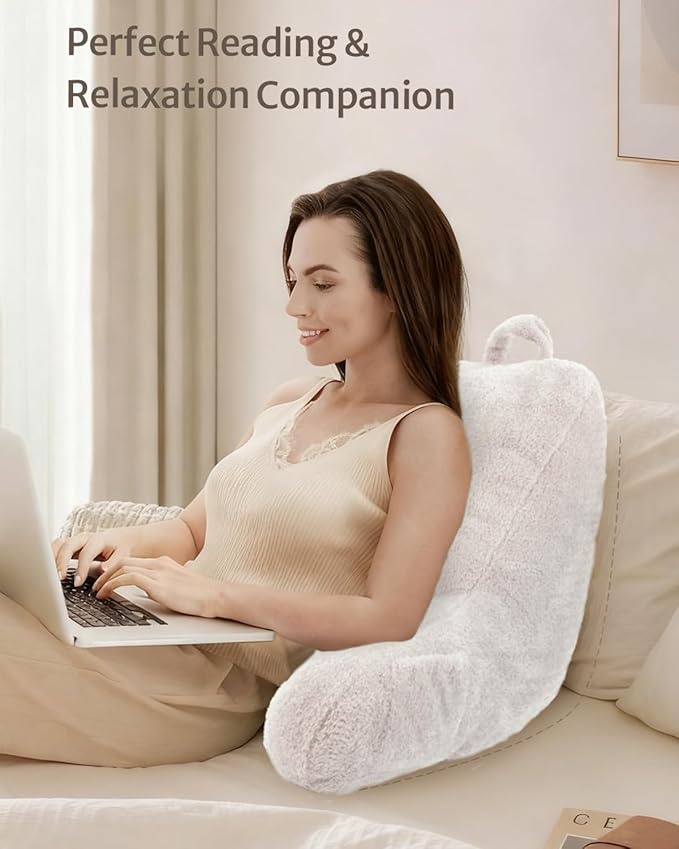 Blissful Diary Plush Velvet Reading Pillow for Kids/Teens/Adults, Back Rest Pillow for Sitting Up in Bed with Shredded Memory Foam, Includes Arms and Washable Cover, Pure White
