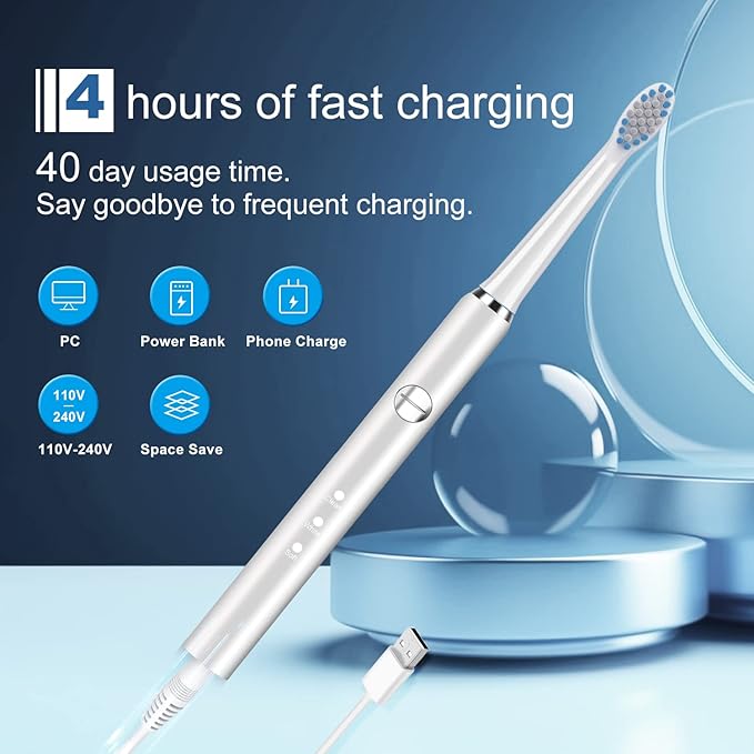 Electric Toothbrush, with 8 Replacement Brush Heads and 1 Travel Box,Sonic Toothbrush for Adults and Kids,Portable Rechargeable Toothbrush for Travel (White)
