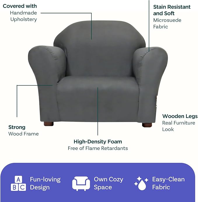 Keet, Roundy Child Size Chair, Microsuede, Comfortable and Durable Kids Chair, Toddler Couch Easy to Coordinate, Toddler Sofa Couch for Girls and Boys, Kids Couch Chair, Ages 2-5 Years, Charcoal