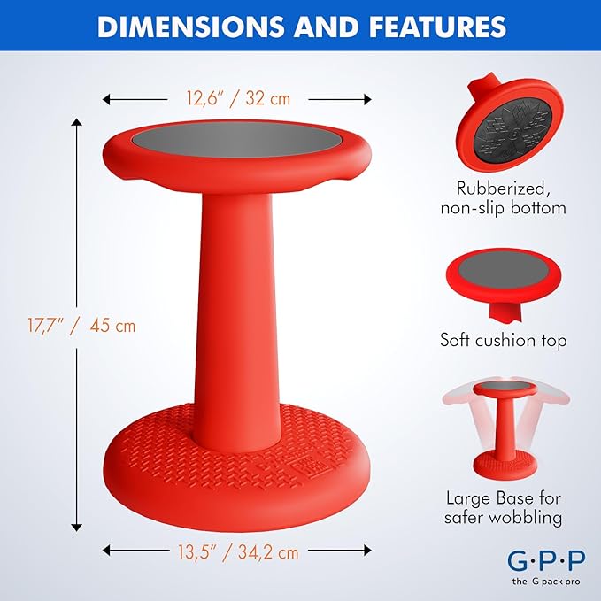 Gpack-pro Kids Wobble Stool 2-Pack – Improves Focus Attention – Non-Slip Base - Wiggle Chair Active Flexible Seating for Preschool Kindergarten Elementary School 17.7-Inch High (Red)