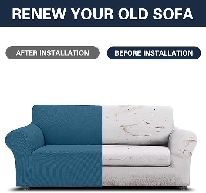 2025 New Stretch Sofa Slipcovers Couch Cover for 3 Cushion Furniture Protector Sofa Covers with Elastic Bottom Jacquard Fabric Small Checks for Pets, Kids -Sofa, Peacock Blue