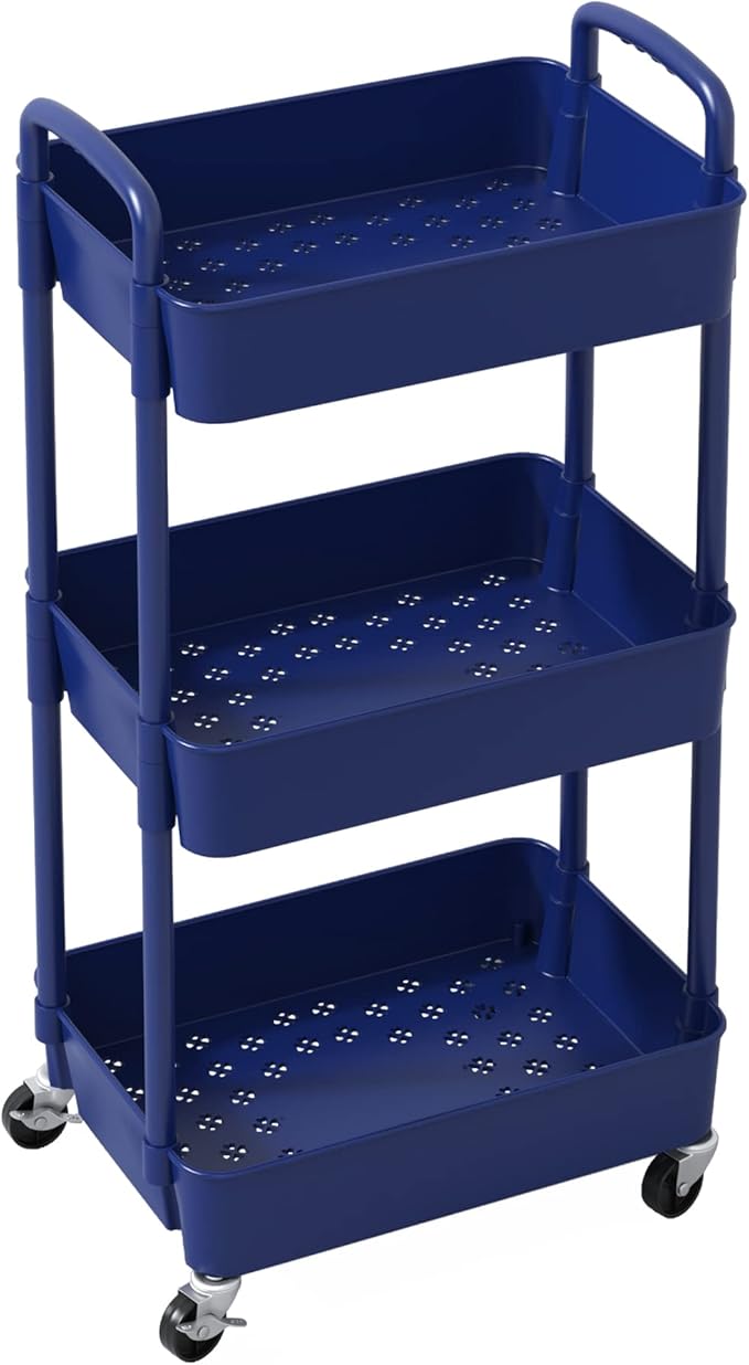 Sywhitta 3-Tier Plastic Rolling Utility Cart with Handle, Multi-Functional Storage Trolley for Office, Living Room, Kitchen, Movable Storage Organizer with Wheels, Blue