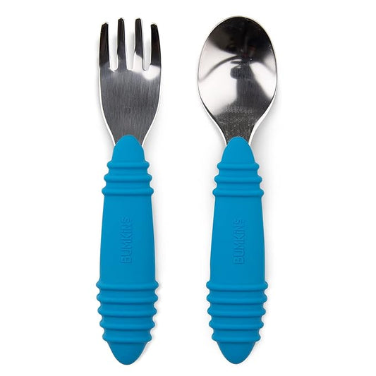 Bumkins Toddler Utensils, Kids Size Fork and Spoon Set, Silicone and Stainless-Steel Training Silverware, Angled Forks / Sporks for Self-Feeding, Children Hold Learning to Eat, 18 Mos Up, Dark Blue