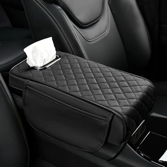 Wogomz Car Center Console Cover, 13"×7.09"×2.95" Leather Car Armrest Cover with Pockets & Tissue Box, Comfortable Auto Armrest Cushion, Universal Arm Rest Protector for Car SUV Truck (Black)