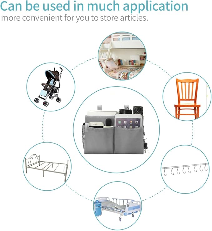 Bseash Bunk Bed Organizer, Bedside Caddy Hanging Bed Organizer Storage Bag with 4 Pockets and 2 Hooks, for College Dorm Rooms Bed, Hospital Bed, Baby Bed Rails, 600D Oxford Cloth (Gray)