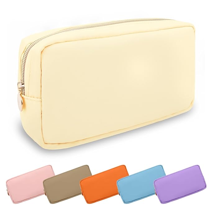 UIXIZQ Small Makeup Bag Pouch for Purse, Nylon Travel Toiletry Storage Bag Cute Preppy Cosmetic Bag for Women Girls, Waterproof Makeup Organizer Bag Pouch Skincare Bag Purse with Zipper (Small-Sand)