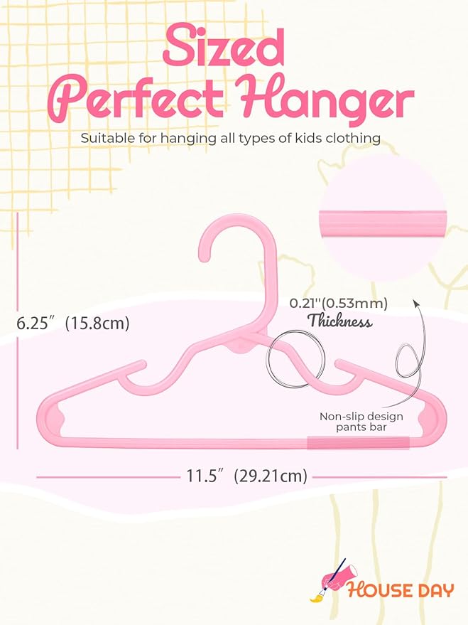 HOUSE DAY Kids Plastic Hangers for Closet, Childrens Hangers for Clothes & Baby Hangers, Toddler, and Child Clothes - Clothing, Pants, Coats, and More - Ideal for Everyday Use (Pink, 120 Pack)