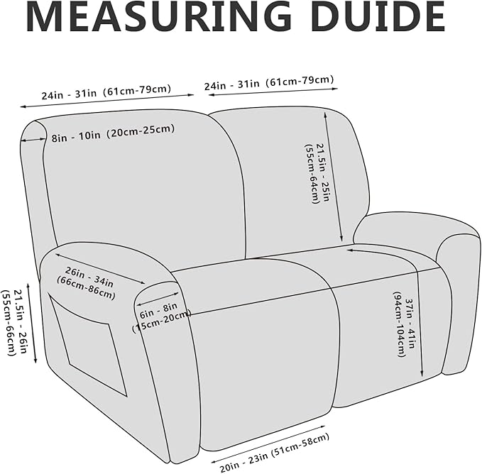 Leather Look Loveseat Recliner Covers Stay in Place 6-Piece Recliner Sofa Slipcover 2 Seater Reclining Couch Cover Spandex Fabric Washable (2 Seater, Light Grey)