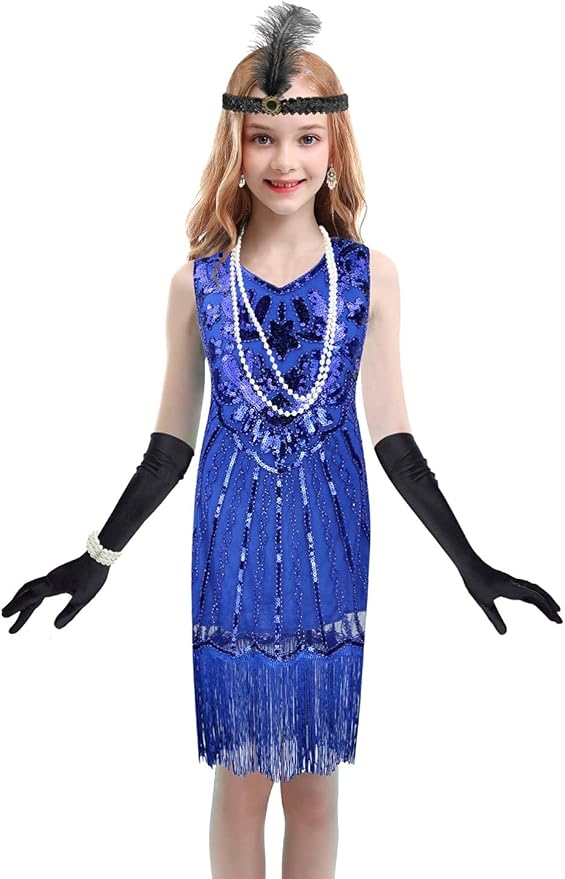 1920's Sequins Flapper Dress Children's Day Gift Party Halloween Costumes for Girls Accessories Set