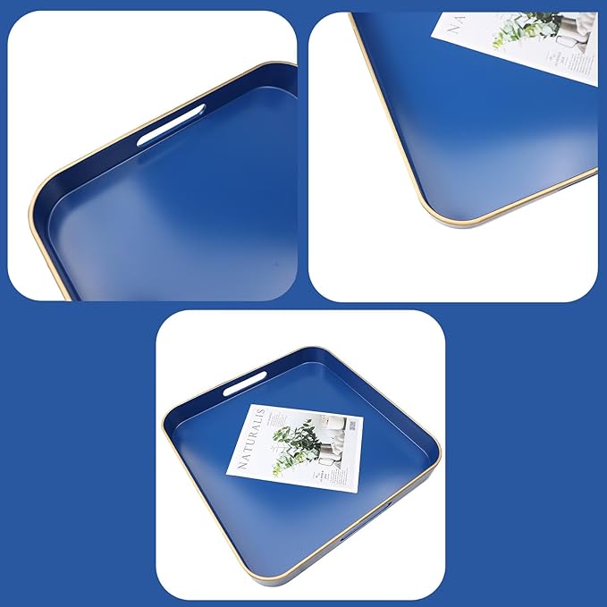 Omuriko Royal Blue Square Decorative Tray with Handles, 13"*13" Versatile Serving Tray for Coffee Table, Ottoman, Ideal for Serving, Displaying, Organizing
