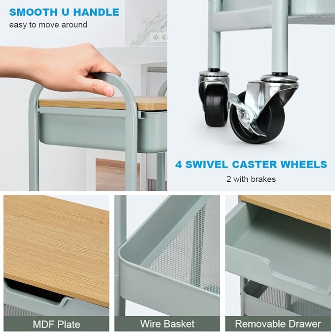 3 Tier Rolling Cart, Utility Cart with Drawer and Table Top, Metal Rolling Kitchen Storage Organizer Cart with Handle and Locking Wheels for Bathroom Office Balcony Living Room