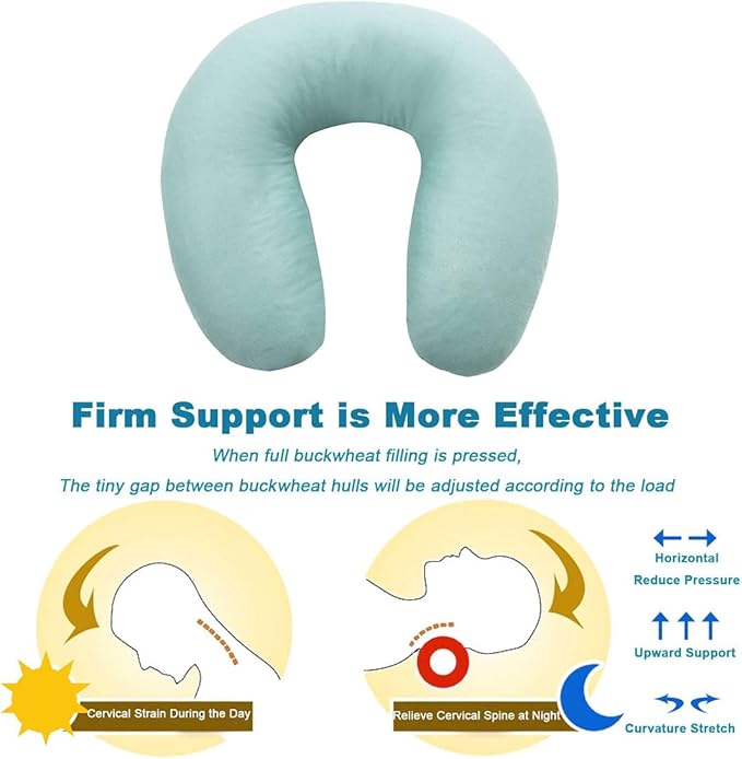 Buckwheat Hulls Neck Pillow, U Shaped Travel Pillow Portable Pillow Support for Neck Shoulder, for Side Back Stomach Sleeper with Washable Pillowcase (12x12 inch,Blue)