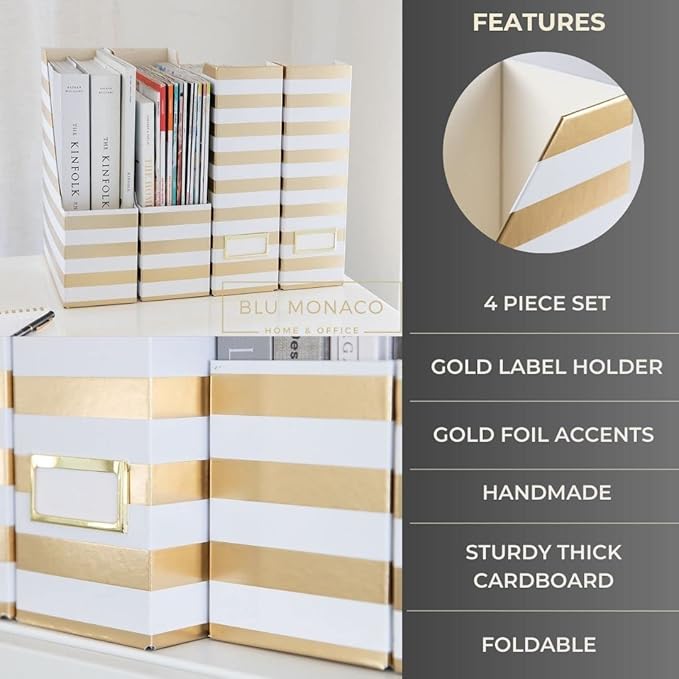 BLU MONACO Set of 4 Gold & White Striped Magazine File Boxes | Foldable Cardboard File Organizer Boxes with Gold Label Holders | Stylish Desk Organizer for Home Office and Classroom