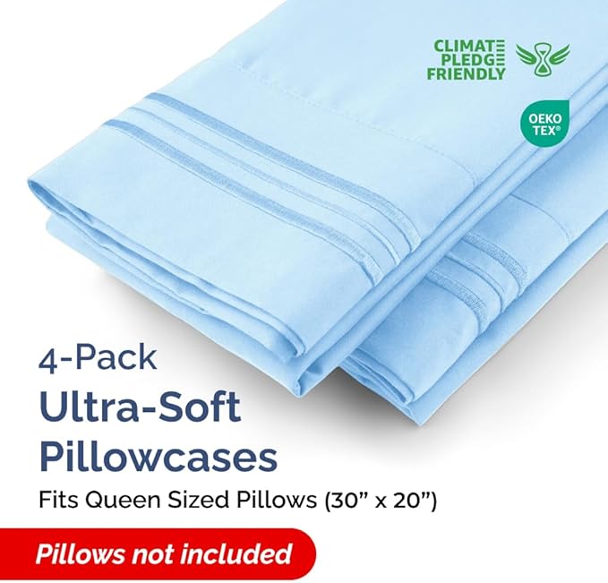 Queen Pillow Cases Set of 4 - Ultra Soft Hotel Quality Pillowcase Covers - Comfy, Cozy & Wrinkle Free - Shrink, Stain & Fade Resistant - Machine Washable Pillow Protectors - 4 Piece Set - Light Blue