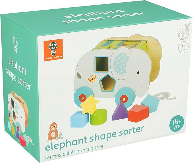 Orange Tree Toys: Shape Sorter: Jungle Elephant - Wooden Wheeled Animal Sorter, 6 Shape Blocks, Push-Pull-Sort, Educational Toy, Toddler & Kids Age 1+