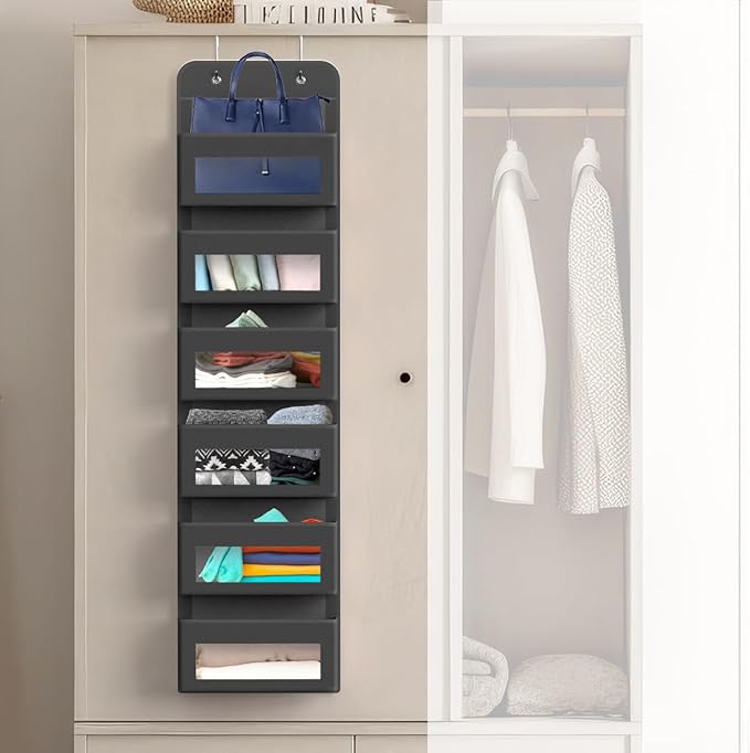 Simple Houseware 6 Clear Window Pocket Over Closet Door Storage Hanging Organizer for Bedroom, Bathroom, Pantry, Dark Gray