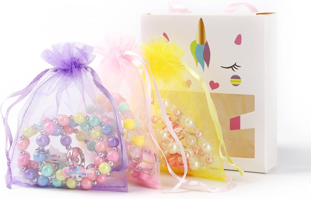 3 Sets Girl Princess Necklace Bracelet Ring Kids Stretchy Jewelry Gift Unicorn Butterfly Necklace Bracelets Rings Party Favors Dress up Jewelry for Little Girl Toddler(with Gift Box)