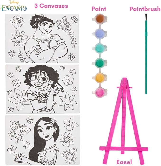 Innovative Designs Disney Encanto Canvas Paint Set for Kids with 3 Canvases, Acrylic Paint, Paintbrush, & Easel